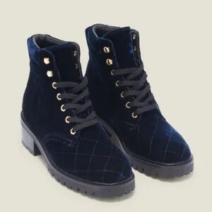 SANDRO Paris Aron Blue Quilted Velvet Combat Hiker Boots